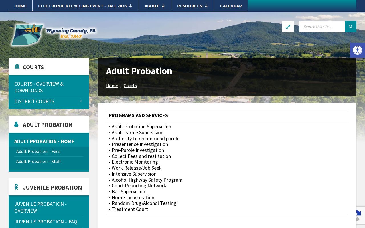 Wyoming County parole probation bail and work release functions
