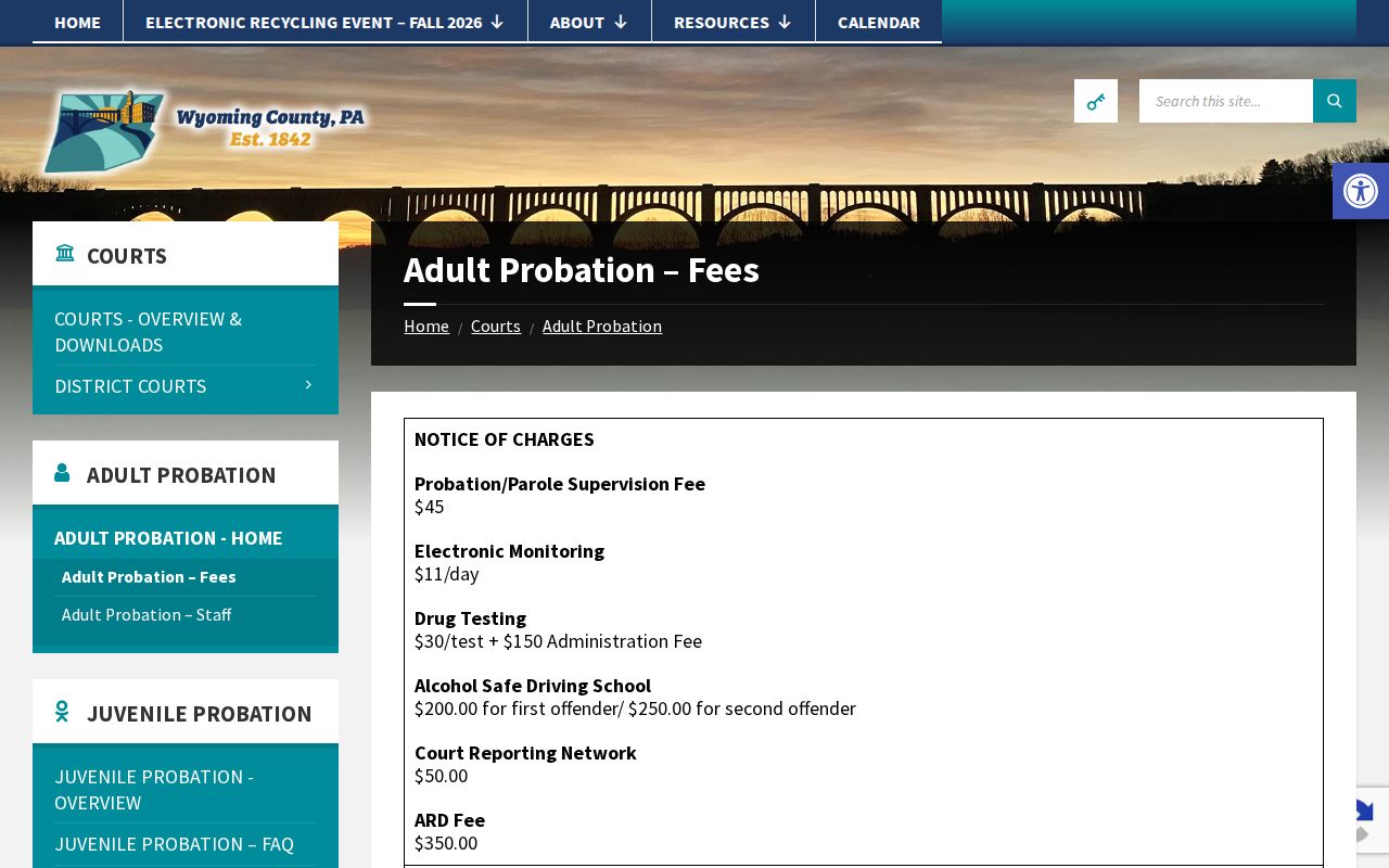 Wyoming County probation and parole supervision fee information